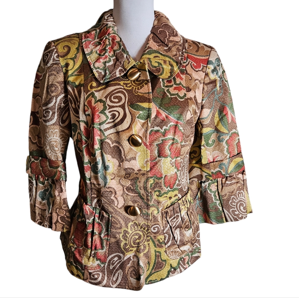 Lafayette 148 Floral Print Blazer Sz 8 Peter Pan Collar Button Up Boho Work READ